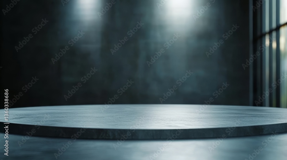 Poster Sleek and modern dark stone podium is positioned in front of a matte black background, showcasing its texture and providing ample copy space for product display