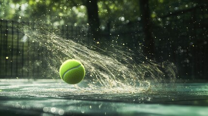 A tennis ball rebounding off the ground, leaving a visible shockwave and scattered particles in the air.