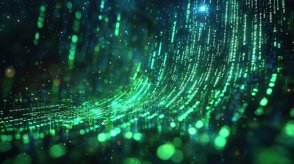 A scene of green binary codes flowing like a waterfall, representing the continuous flow of digital information.