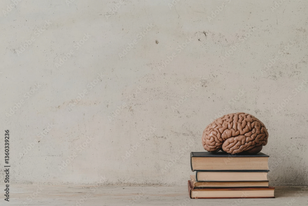 Poster a stack of books is on a table with a brain on top