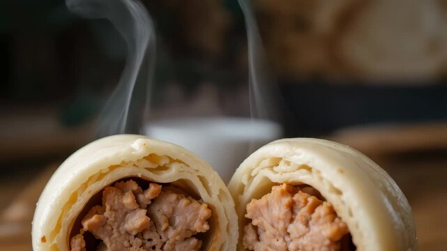 Steaming Hot Meat Bao Buns Cut in Half Showing Delicious Filling A Close Up Shot of Savory Asian Cuisine
