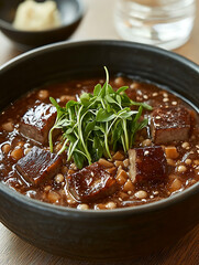 Savory stew with dark glazed meat cubes beans and a vibrant microgreen garnish in a dark bowl.