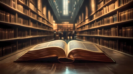 Open book on wooden table in library