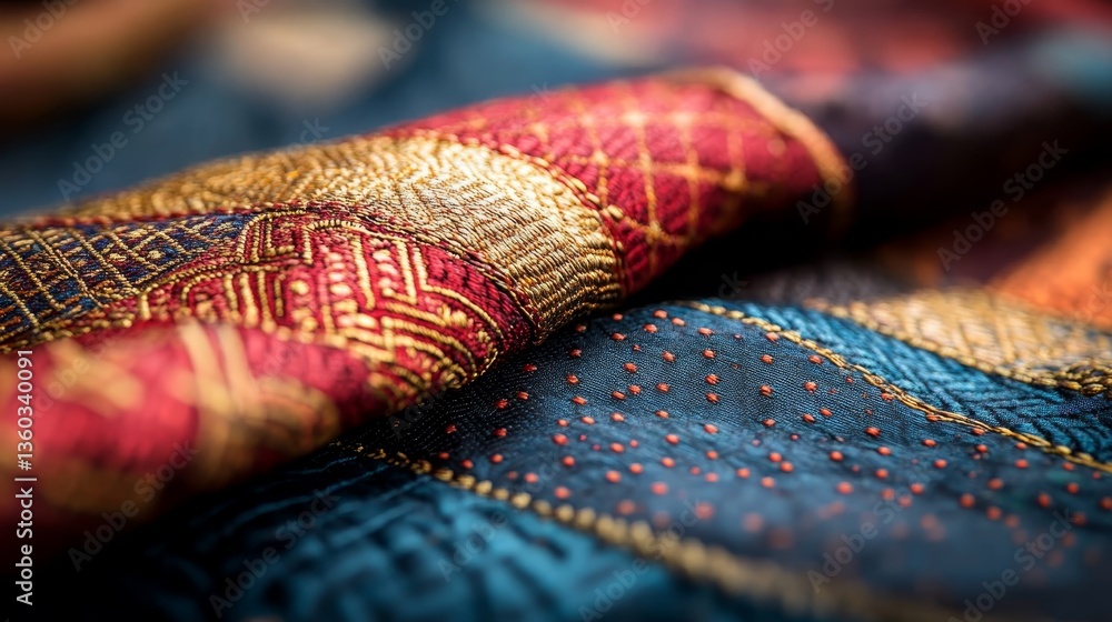 Poster vivid geometric patterns of a richly embroidered textile show contrasting colors of red, blue, and g