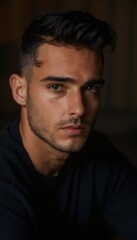 Fototapeta premium Portrait of a serious young man with dark hair in moody lighting.