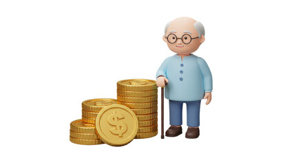 Isolated Elderly Man with Walking Stick Standing Next to Gold Coins, Representing Retirement Savings and Financial Security