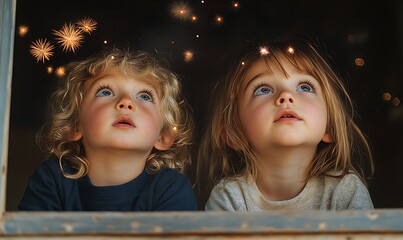 Two Young Children Gaze in Wonder at Sparkling Lights from a Window at Night