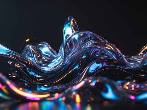 Abstract digital art piece dark background It features liquid glass holographic