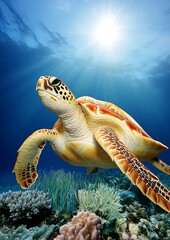 Obraz premium Sea Turtle Gracefully Swimming Coral Reef Sunlight