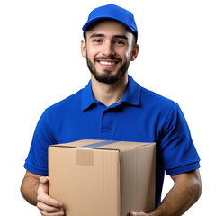 Smiling Delivery Person Holding Package in Blue Uniform and Cap