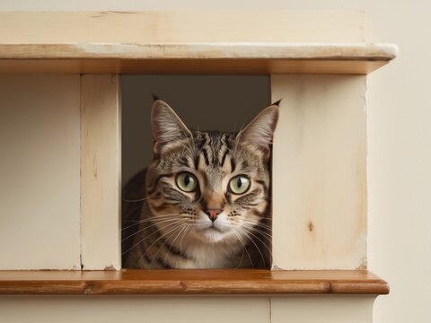 Curious tabby cat peering from behind a wooden shelf - Powered by Adobe