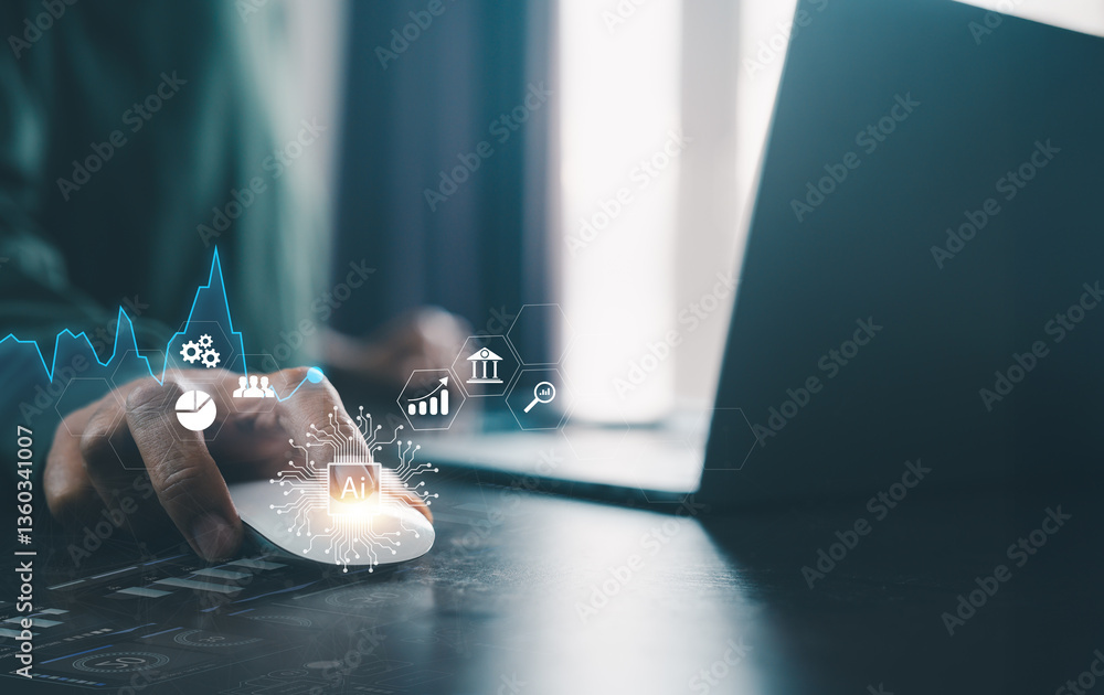Poster a person interacts with a laptop displaying ai and futuristic digital icons related to technology an