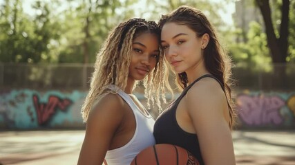 Basketball. Two young women pose confidently with a basketball on an urban court, featuring graffiti art. The scene captures summer vibes and athleticism. Video made using Generative AI. - Powered by Adobe