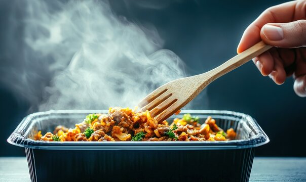 A steaming ready meal with meat, rice, and vegetables is stirred with a wooden fork by a hand.