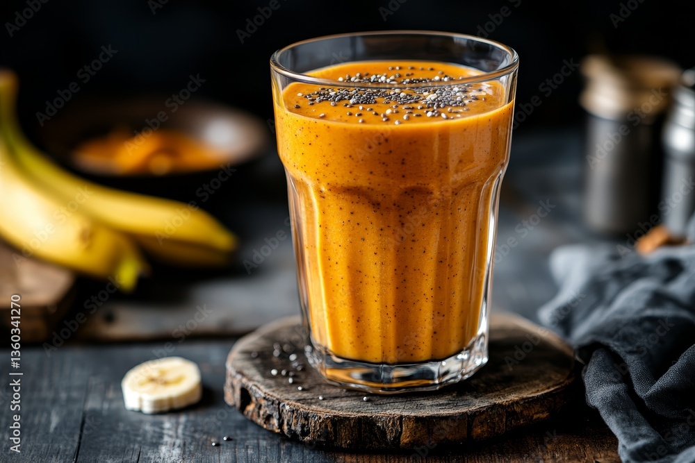 Poster A vibrant banana peanut butter smoothie topped with chia seeds sits on a rustic wooden coaster under soft natural light, creating a warm and inviting setting
