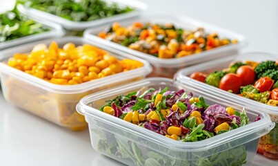 Various fresh and colorful pre-portioned meals in plastic containers make healthy eating convenient.
