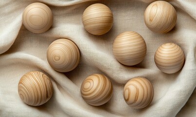 Wooden balls with varied wood grain patterns arranged on a softly draped beige linen fabric.