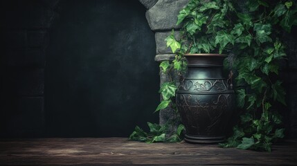 Obraz premium Dark antique vase with ivy on rustic wooden table
