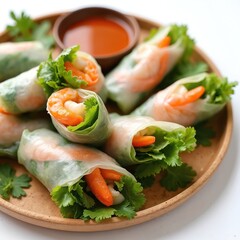 Delicious spring rolls with fresh vegetables, shrimp, on wooden plate. Asian cuisine, vietnamese food, thai meal. Tasty lunch, dinner appetizer. Healthy diet concept. White background.