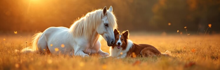 Border collie dog rests near white horse in autumn field at sunset. Best friends concept. Friendship between domestic animals. Calm, happy, nature and pet love scene. Golden sun light and warm colors.
