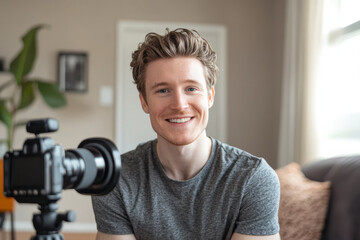 A Caucasian man recording motivational videos, sharing his personal growth journey with others.