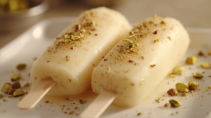 Traditional Indian kulfi popsicle infused with aromatic cardamom, elegantly presented vertically on a simple white dish, garnished with crushed pistachios, against a warm beige background