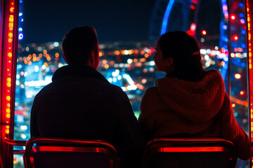 Naklejka premium A Caucasian couple riding a Ferris wheel at night, holding hands as they reach the top, city lights sparkling below.