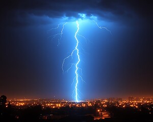 A brilliant bolt of lightning strikes down on the city below