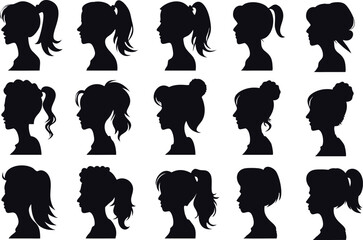 Profile Grid of Diverse Head Silhouettes Featuring Various Hairstyles on White Background