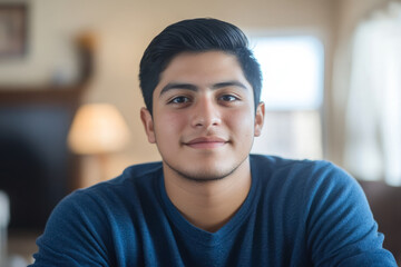 A young Hispanic man taking an online finance course, determined to improve his money management skills.