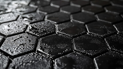 Close-up of wet hexagonal tiles with a dark glossy surface showing water droplets and textural detail.