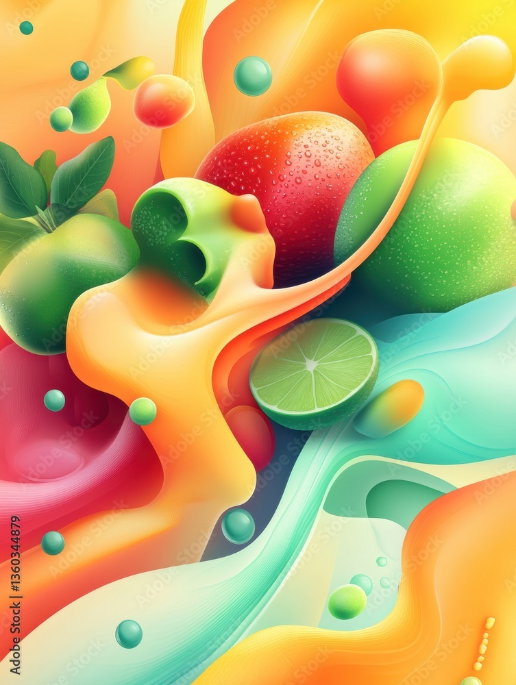 Aufkleber Dynamic flow of fresh groceries with vibrant colors and smooth gradients in an abstract background design Generative AI
