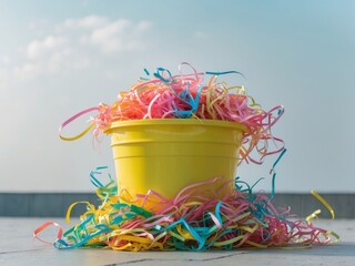 A yellow bucket filled with colorful shredded paper strips stands outside.