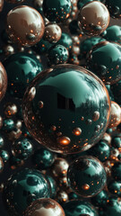 Abstract cluster of black and copper chrome bubbles reflecting glowing lights in a dark space.


