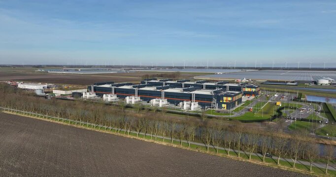 Large scale datacenter, showcasing, AI, super computing, quantum computing, IT infrastructure. Building exterior.