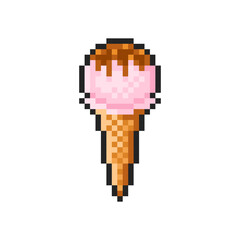 Pixel strawberry ice cream cone isolated on transparent background. Pixelated badge, game asset or computer arcade item. Crisp waffle cone icon. Vector pixel art illustration in 16 bit old style.