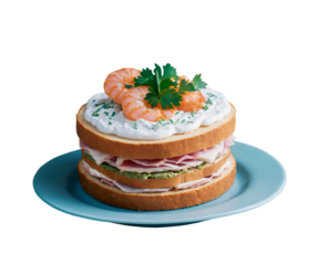 Delicious Swedish Sm,rg,st,rta, A Layered Savory Sandwich Cake with Shrimp, Ham, and Cream Cheese, Perfect for Celebrations and Festive Occasions Featuring Fresh Herbs
