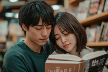 A Japanese couple at a bookstore, one partner resting their head on the otherâ€™s shoulder while flipping through a novel.