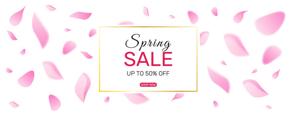 Spring - focused sale banner showcasing sakura petals against white backdrop. Botanical vector illustration perfect for posters, social media, web, cards