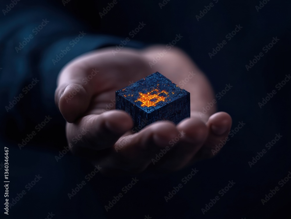 Poster Future of Digital Innovation Quantum Computing Concept with Glowing Holographic Cube in Human Palm - Cutting-Edge Tech Visualization for Next-Generation Business Solutions