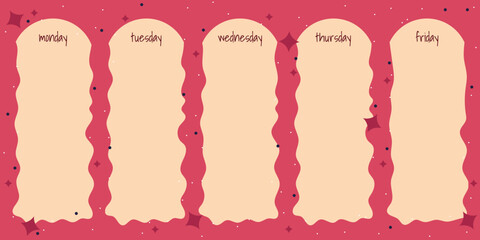 Weekly timetable planner with stars on pink background, template page, to do list, time management concept, organiser for papers, business