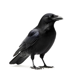 Fototapeta premium A realistic portrait of a crow standing in side view, isolated on a white background. A sleek, well-built black bird with glossy feathers, a sharp, slightly curved beak, dark intelligent eyes, 