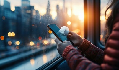 Woman sanitizes her smartphone screen with a wipe on a train at sunset for a safe commute.