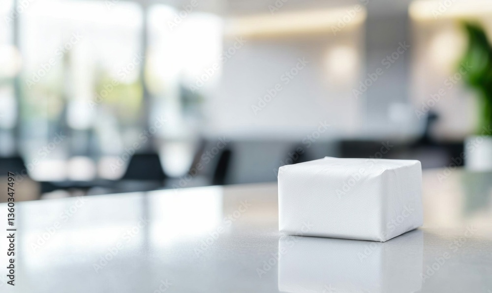 Aufkleber clean white wrapped cube package displayed on a marble table with a blurred office backdrop.
