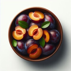Captivating still life of ripe plums artfully arranged in a rustic wooden bowl