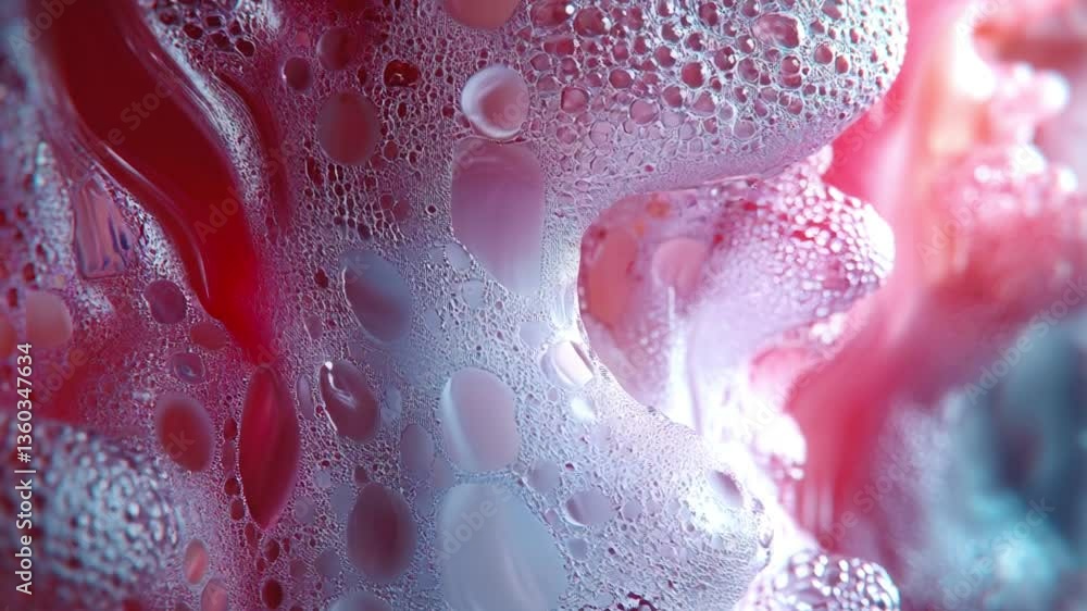Poster Futuristic digital animation of viscous, pearlescent liquid shimmering with pink and blue hues. Popping bubbles and soft waves create a hypnotic effect. Abstract biomorphic design