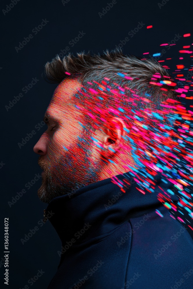 Poster neurotech fusion immersive digital disruption of human perception with vibrant pixel deconstruction 