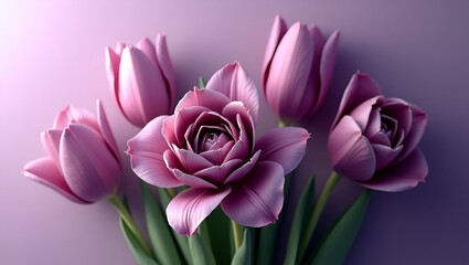 Fototapeta premium Elegant Purple Tulips & Roses on a Luxurious Purple Background – Stunning Floral Art