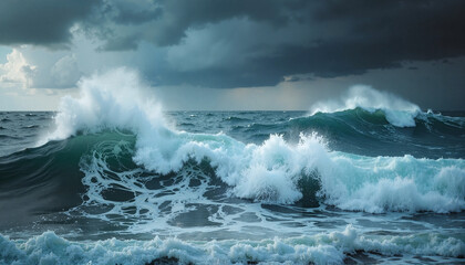 Naklejka premium Powerful ocean waves crashing against a stormy sky 