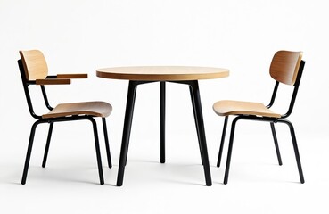 Obraz premium Modern wooden table with steel legs. Two chairs near round table. Contemporary furniture set for home, office. Simple design with light wooden elements, black metal. Interior decor.